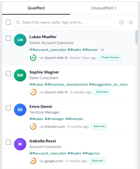 Candidate pipeline with AI match scores and sourcing tags