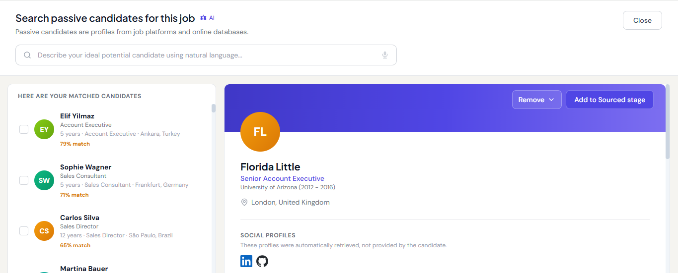 AI-powered passive candidate search with match percentages
